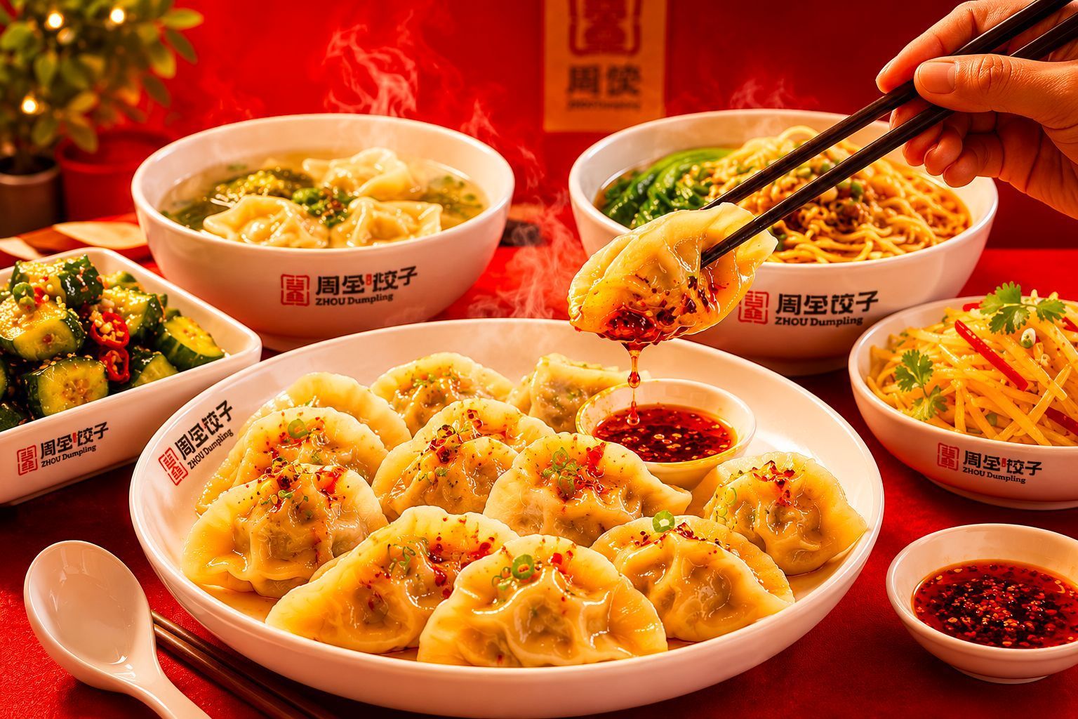 Raviolis chinois avec sauce épicée et autres plats asiatiques dans un restaurant halal avec livraison à domicile.