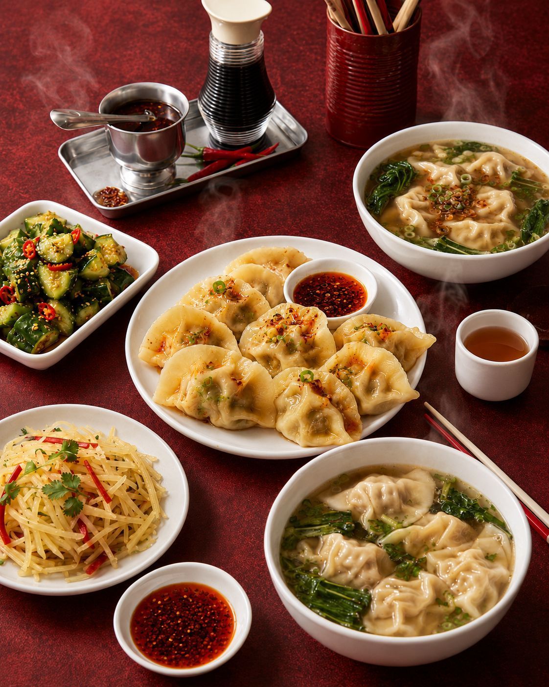 Assortiment de raviolis chinois servis avec soupes, condiments et accompagnements variés sur table rouge.