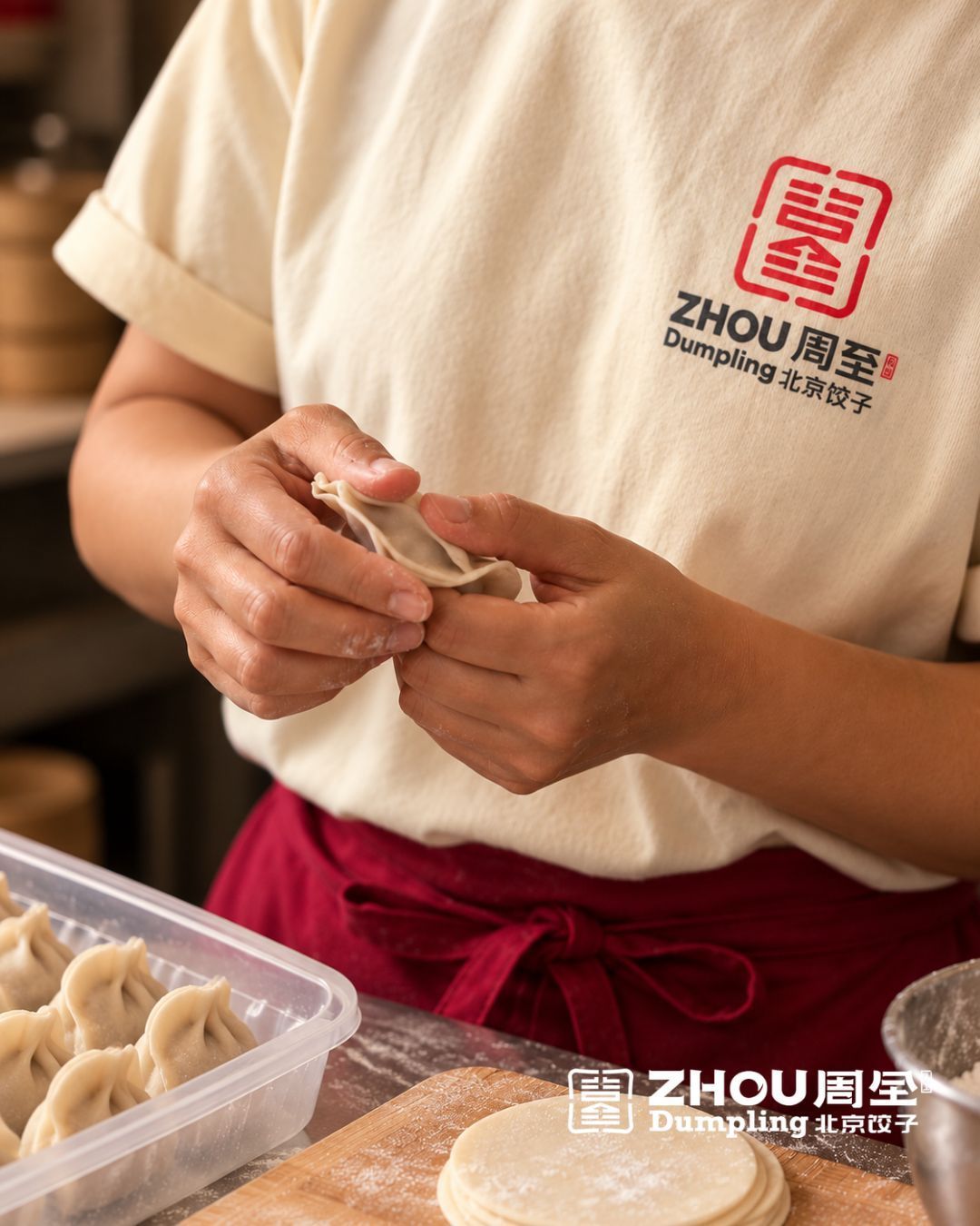 Préparation manuelle de raviolis chinois dans un restaurant asiatique avec service de livraison à domicile